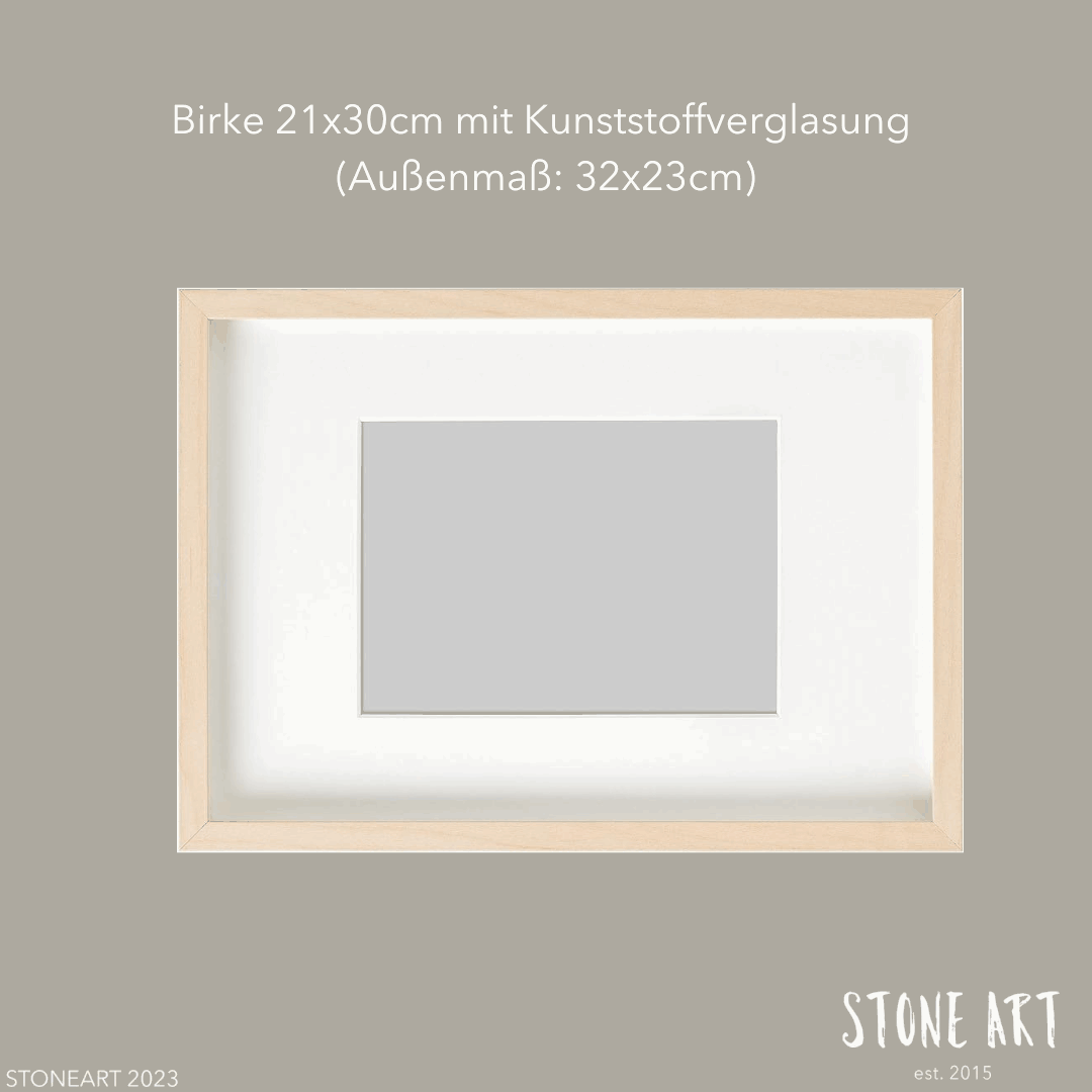Birkefarbener Bilderrahmen mit den Maßen 21x30cm (Außenmaß: 32x23x3cm) und Kunststoffverglasung, ideal für besondere Geschenkideen von Stoneart2015.