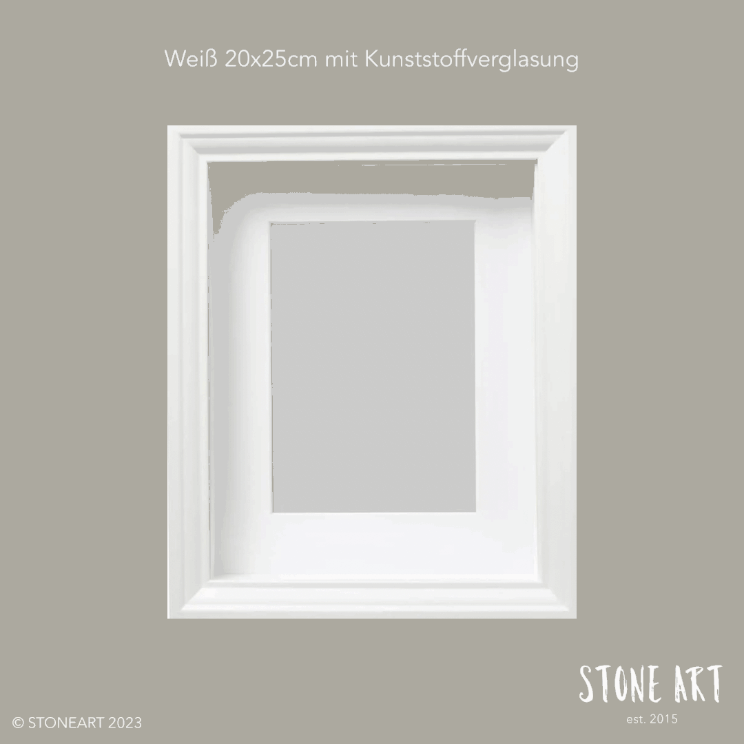 Weißer Bilderrahmen mit den Maßen 20x25cm (Außenmaß: 23x28x6 cm) und Kunststoffverglasung, ideal für besondere Geschenkideen von Stoneart2015.
