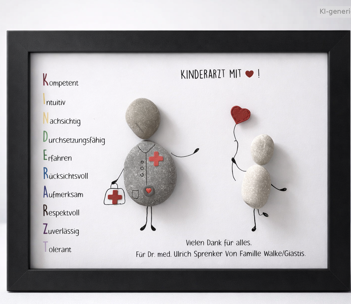 Kieselsteinbild Kinderarzt mit Herz – Geschenk für Kinderarzt, handgemachtes Steinbild