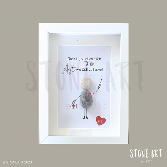 Handgefertigtes Steinbild mit dem Spruch „Glück ist, so einen tollen Arzt wie Sie zu haben“ – perfektes Geschenk für Ärzte zum Dank oder Abschied.