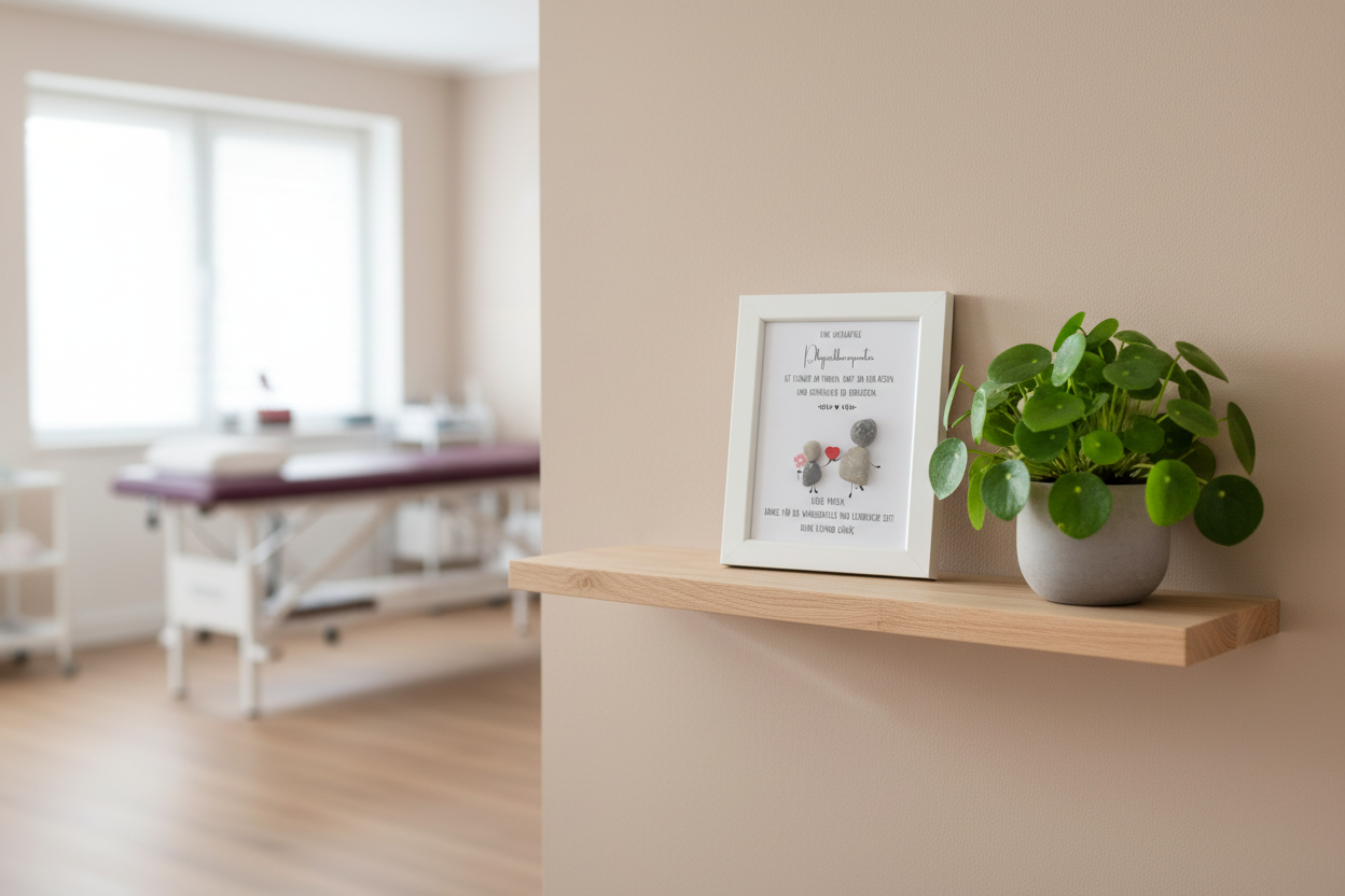 Steinbild Physiotherapie mit Herz gerahmt in Praxis – handgemachtes Dankeschön-Geschenk
