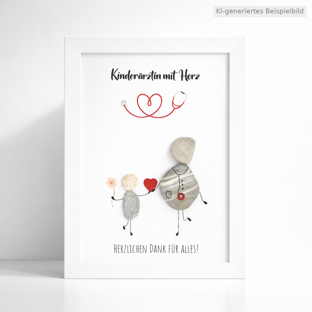 Kieselsteinbild Kinderärztin mit Herz – Geschenk für Kinderärztin, handgemachtes Steinbild