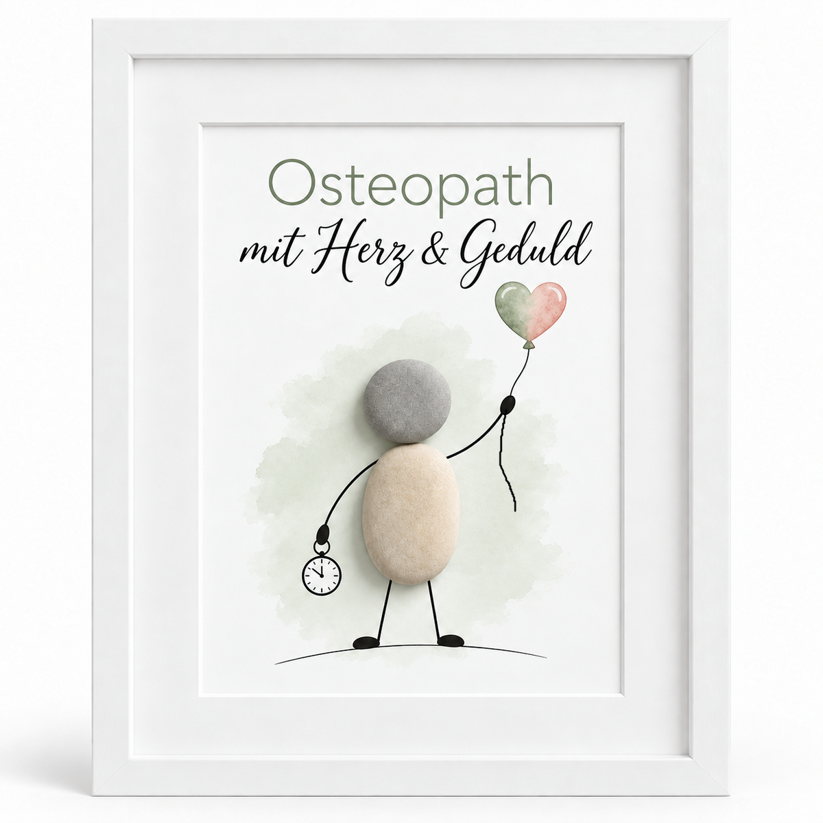 Kieselsteinbild Osteopath mit Herz und Geduld mit Taschenuhr und Herzballon – Geschenk für Osteopathen, handgemachtes Steinbild