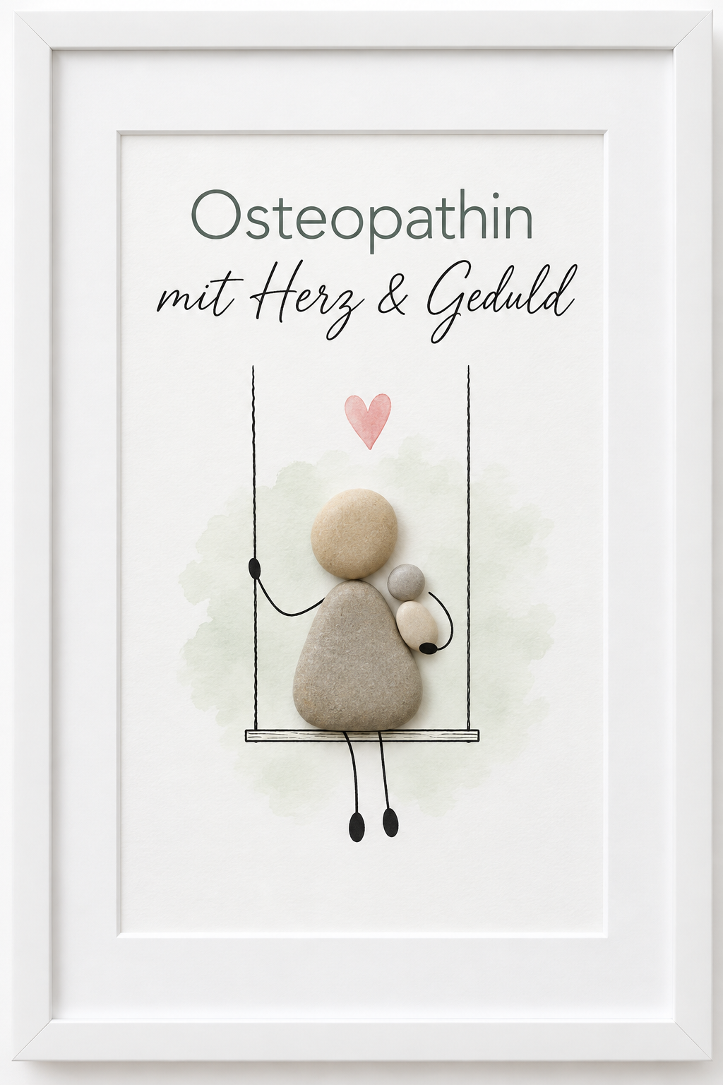 Kieselsteinbild Osteopathin mit Herz und Geduld mit Baby auf Schaukel – Geschenk für Osteopathinnen, handgemachtes Steinbild