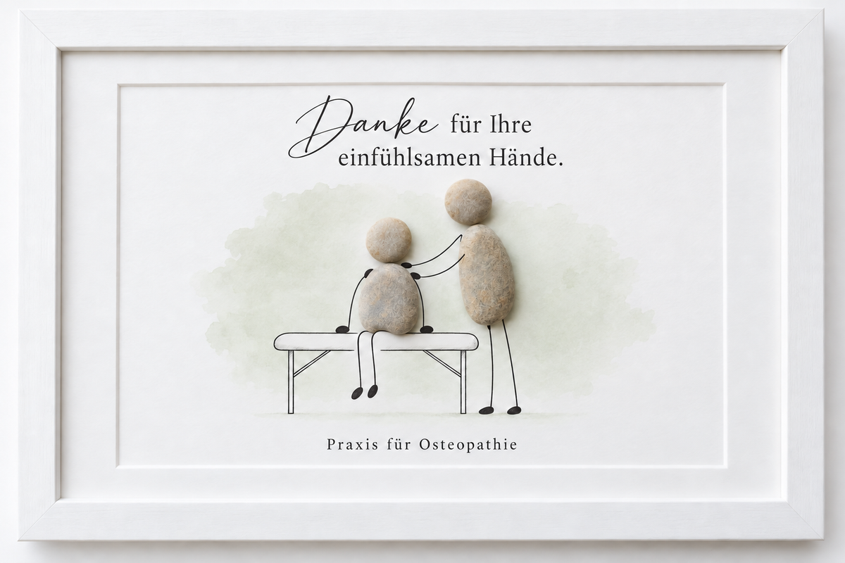 Kieselsteinbild Danke für Ihre einfühlsamen Hände Praxis für Osteopathie zwei Figuren – Geschenk für Osteopathiepraxen, handgemachtes Steinbild