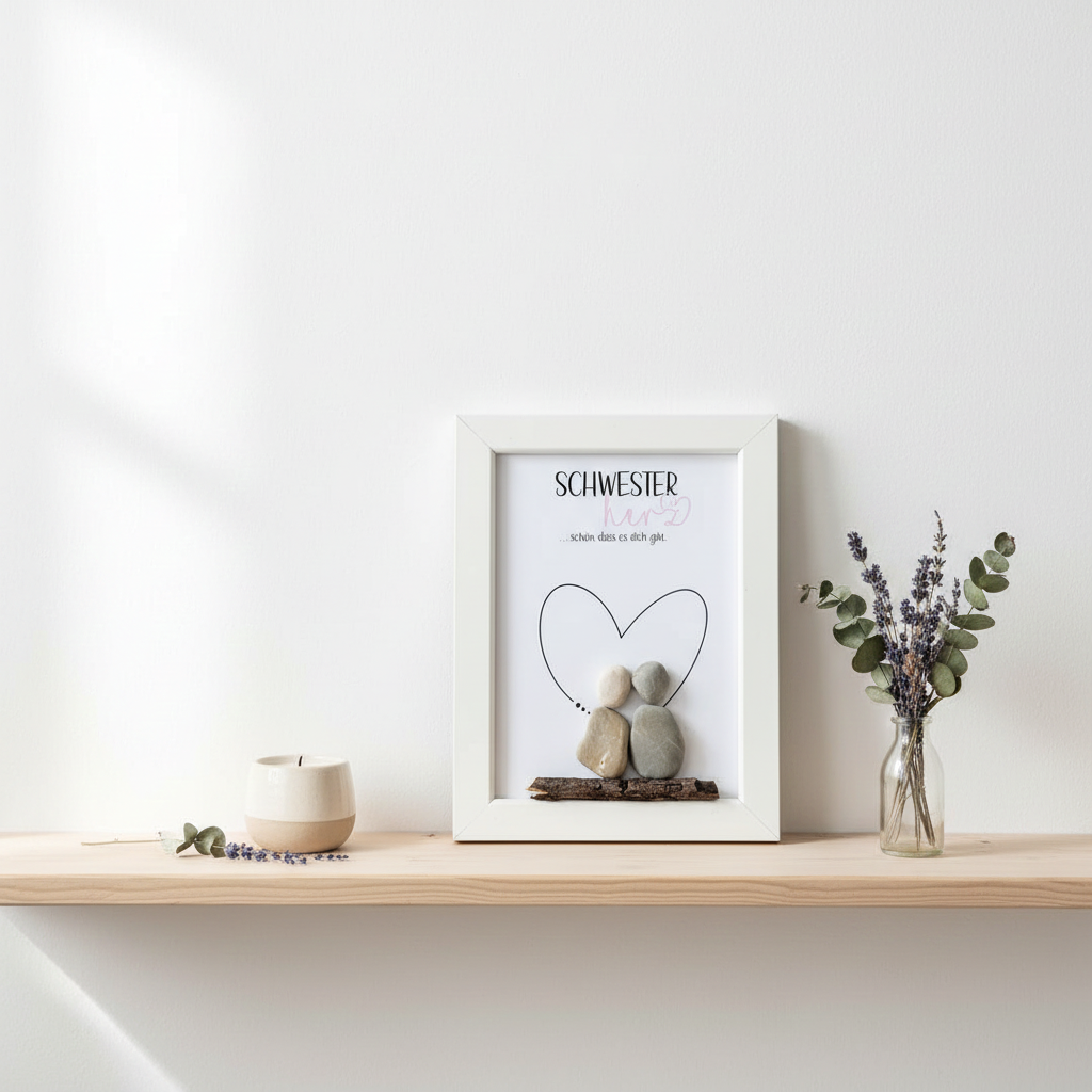 Steinbild Schwesterherz gerahmt im Wohnzimmer – persönliches Geschenk für die Schwester