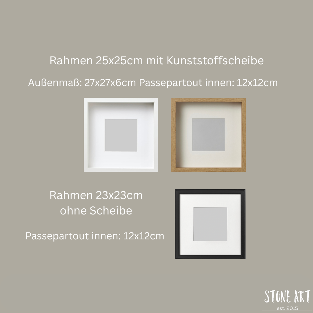 Übersicht der verfügbaren Bilderrahmen für das Steinbild in verschiedenen Farben und Größen.
