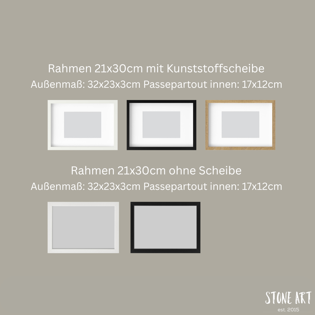 Übersicht der verfügbaren Bilderrahmen für das Steinbild in verschiedenen Farben und Größen.
