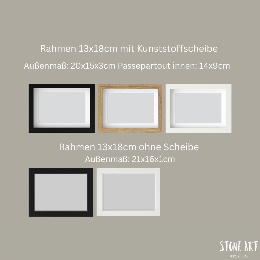 Übersicht der verfügbaren Bilderrahmen für das Steinbild in verschiedenen Farben und Größen.