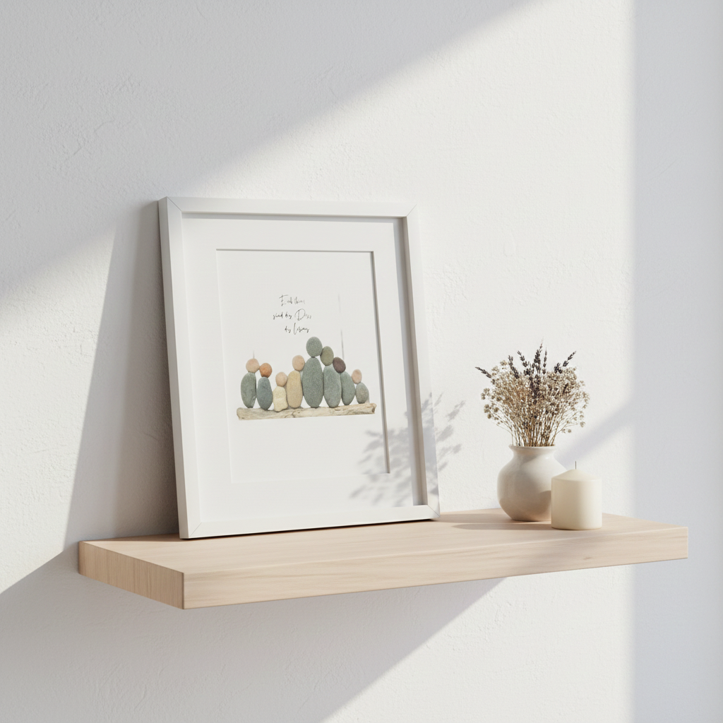 Steinbild Enkelkinder gerahmt im Wohnzimmer – handgemachtes Geschenk für Oma und Opa