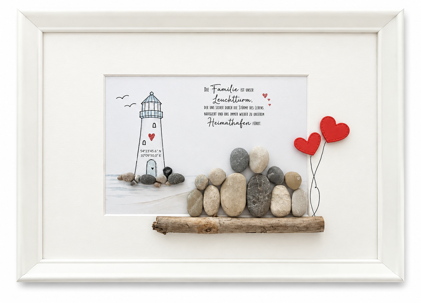 Kieselsteinbild Die Familie ist unser Leuchtturm – personalisierbares Familiengeschenk mit Leuchtturm-Motiv, handgemachtes Steinbild
