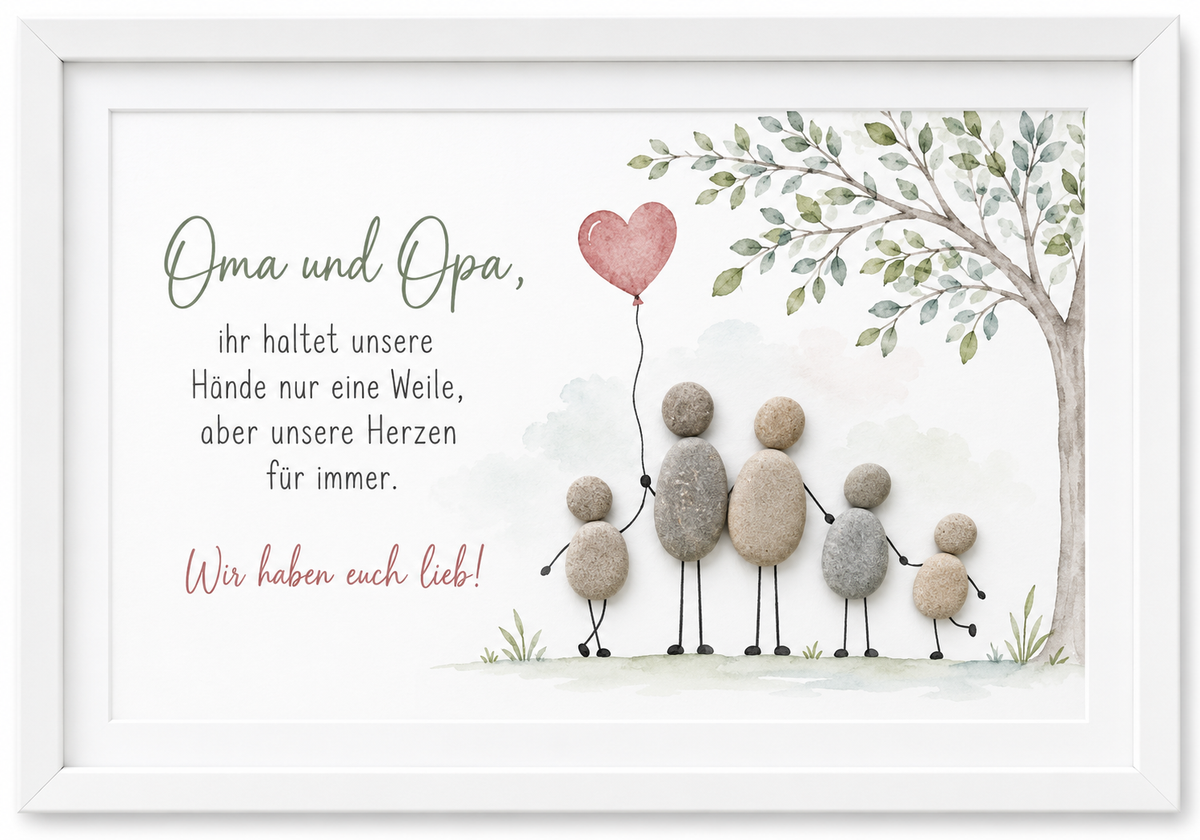 Kieselsteinbild Oma und Opa, ihr haltet unsere Hände nur eine Weile – Geschenk für Oma und Opa, handgemachtes Steinbild