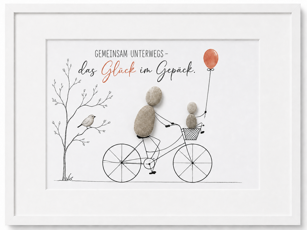Kieselsteinbild Gemeinsam unterwegs, das Glück im Gepäck – Geschenk für die Familie, handgemachtes Steinbild