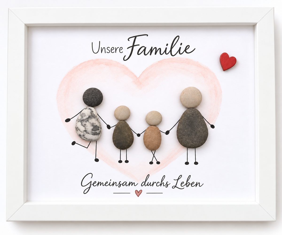 Kieselsteinbild Unsere Familie, gemeinsam durchs Leben – Geschenk für die Familie, handgemachtes Steinbild