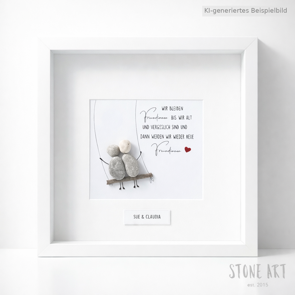 Handgemachtes Steinbild mit Schaukelmotiv und dem Spruch „Wir bleiben Freundinnen bis wir alt und vergesslich sind“ – humorvolles Freundschaftsgeschenk.