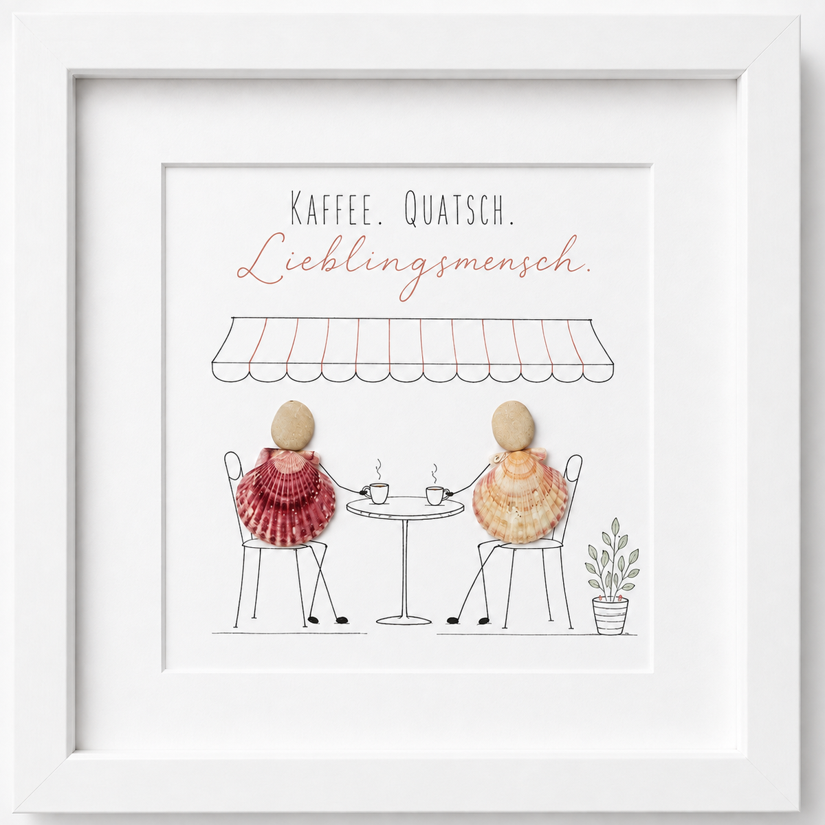 Kieselsteinbild Kaffee, Quatsch, Lieblingsmensch – Geschenk für die beste Freundin, handgemachtes Bild mit Muscheln