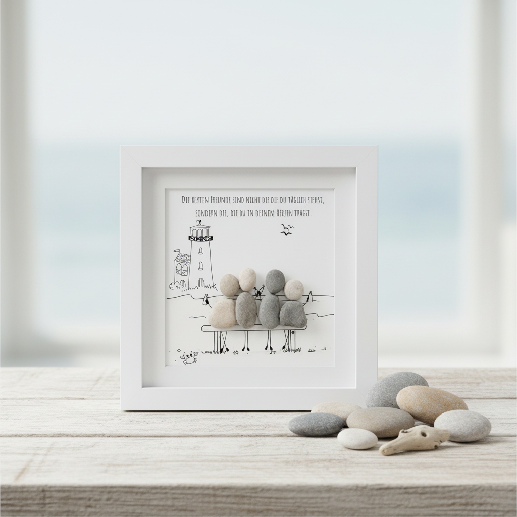 Handgemachtes Steinbild für Freunde mit Leuchtturm personalisierbar, besonderes Geburtstagsgeschenk