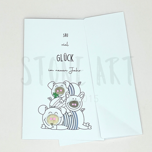 Karte "Sau viel Glück" - Mini Steinbild mit Umschlag