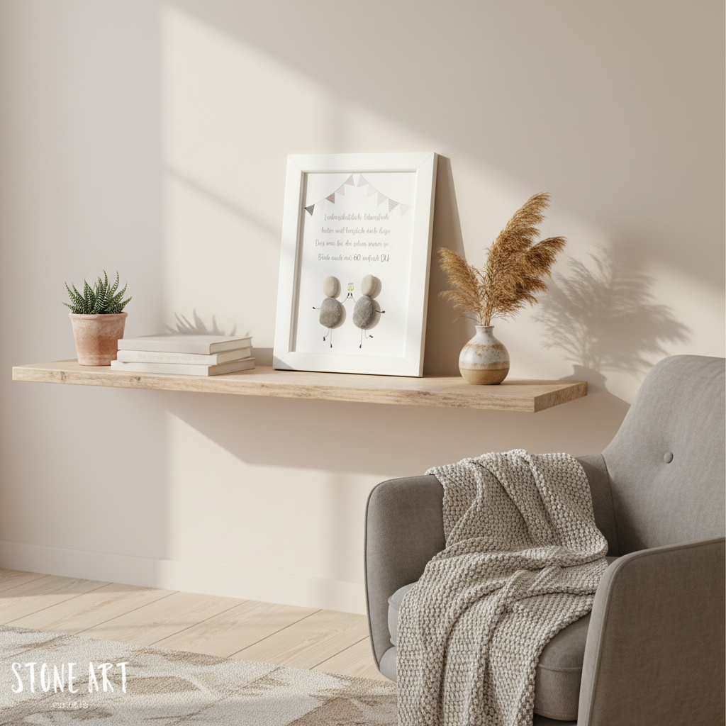 Steinbild leidenschaftlich lebensfroh gerahmt im Wohnzimmer – handgemachtes Geburtstagsgeschenk