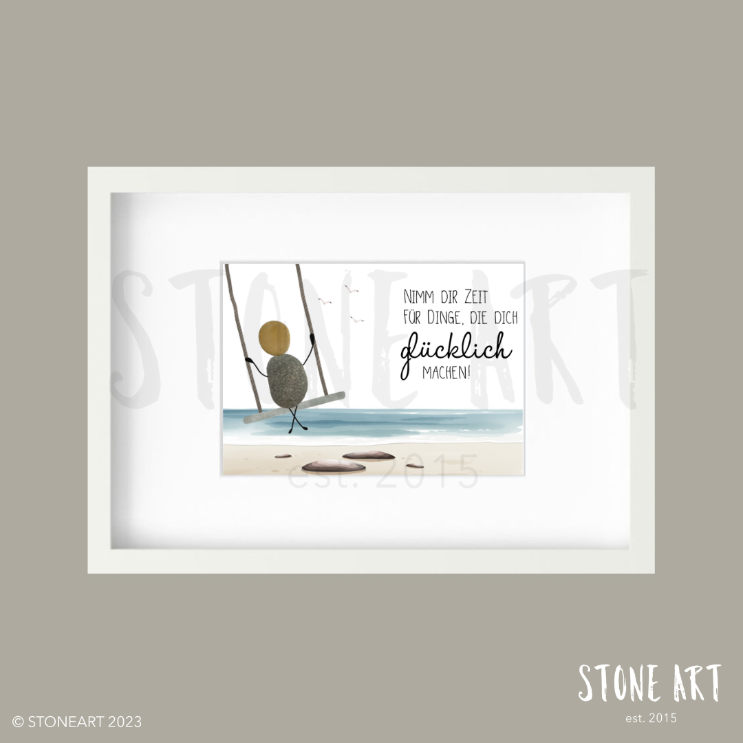 Handgemachtes Steinbild mit Spruch Nimm dir Zeit für Dinge, die dich glücklich machen – Geschenk zur Selbstfürsorge und Motivation
