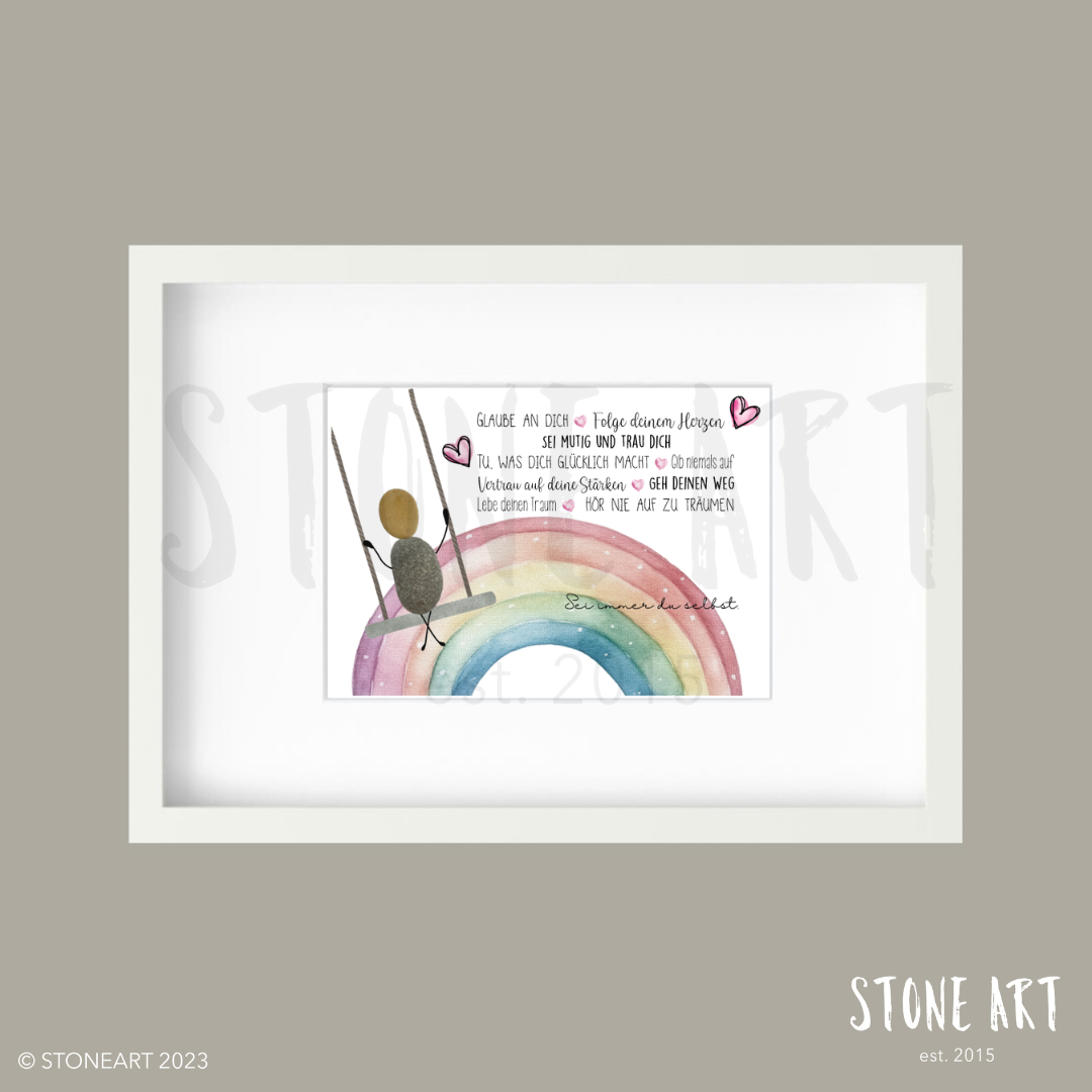 Handgefertigtes Steinbild mit dem Spruch „Glaube an dich“ – motivierendes Geschenk zur Ermutigung und für neue Wege.