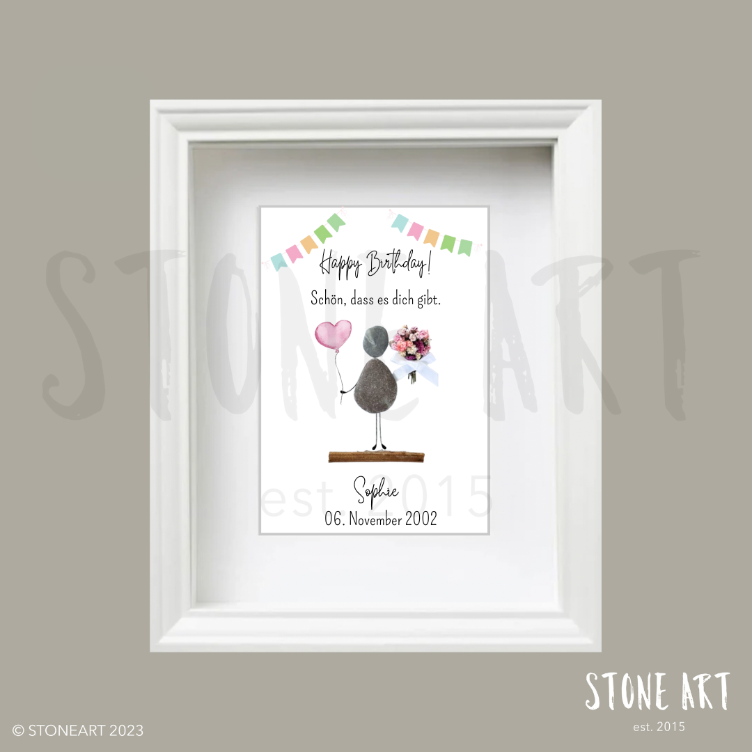 Handgefertigtes Steinbild mit Spruch „Happy Birthday – Schön, dass es dich gibt“ – liebevolles Geburtstagsgeschenk mit Natursteinen.