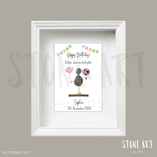 Handgefertigtes Steinbild mit Spruch „Happy Birthday – Schön, dass es dich gibt“ – liebevolles Geburtstagsgeschenk mit Natursteinen.