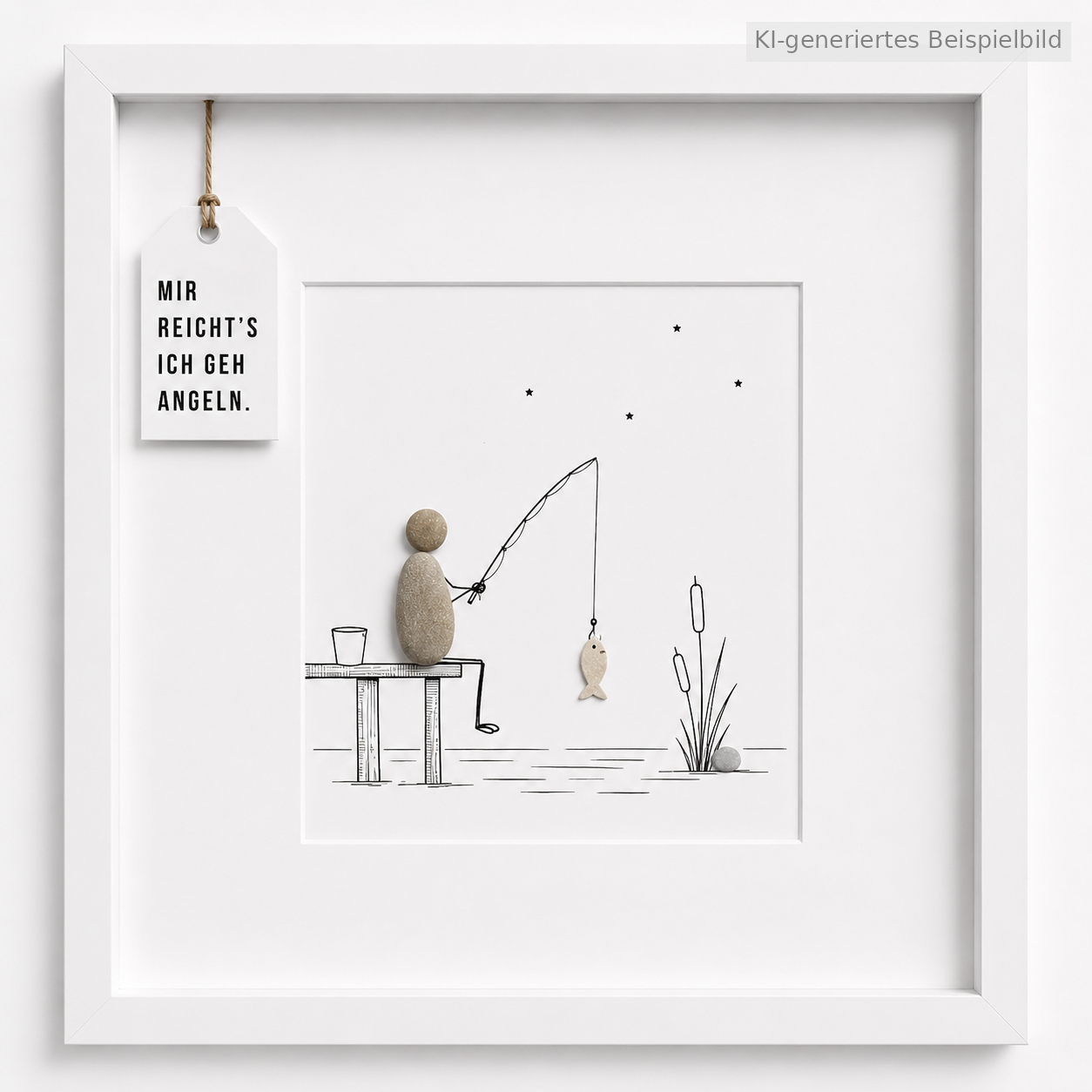 Handgemachtes Steinbild mit dem Spruch Mir reicht’s, ich geh angeln – humorvolles Geschenk für Angler