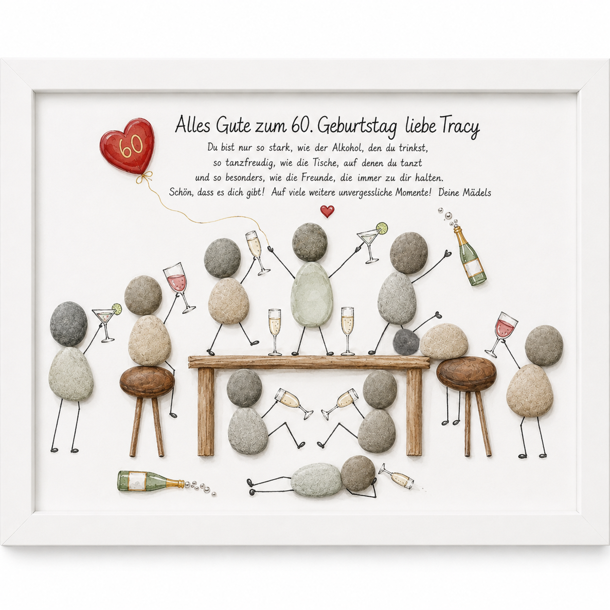 Kieselsteinbild Alles Gute zum Geburtstag – personalisierbares Geschenk mit Feiergruppe, handgemachtes Steinbild