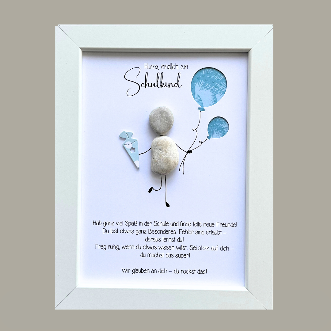 Handgefertigtes Steinbild zur Einschulung mit Schriftzug „Hurra, endlich Schulkind“ – kreative Geschenkidee inklusive Aussparung für Geldscheine