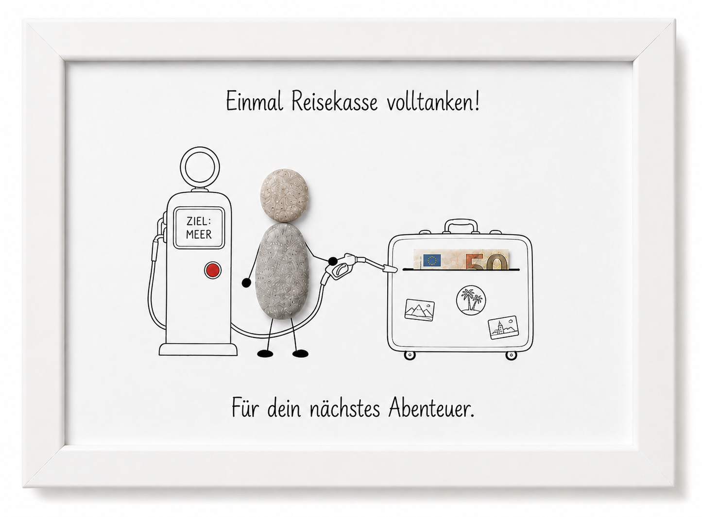 Kieselsteinbild Einmal Reisekasse volltanken – Geldgeschenk Reise, handgemachtes Steinbild