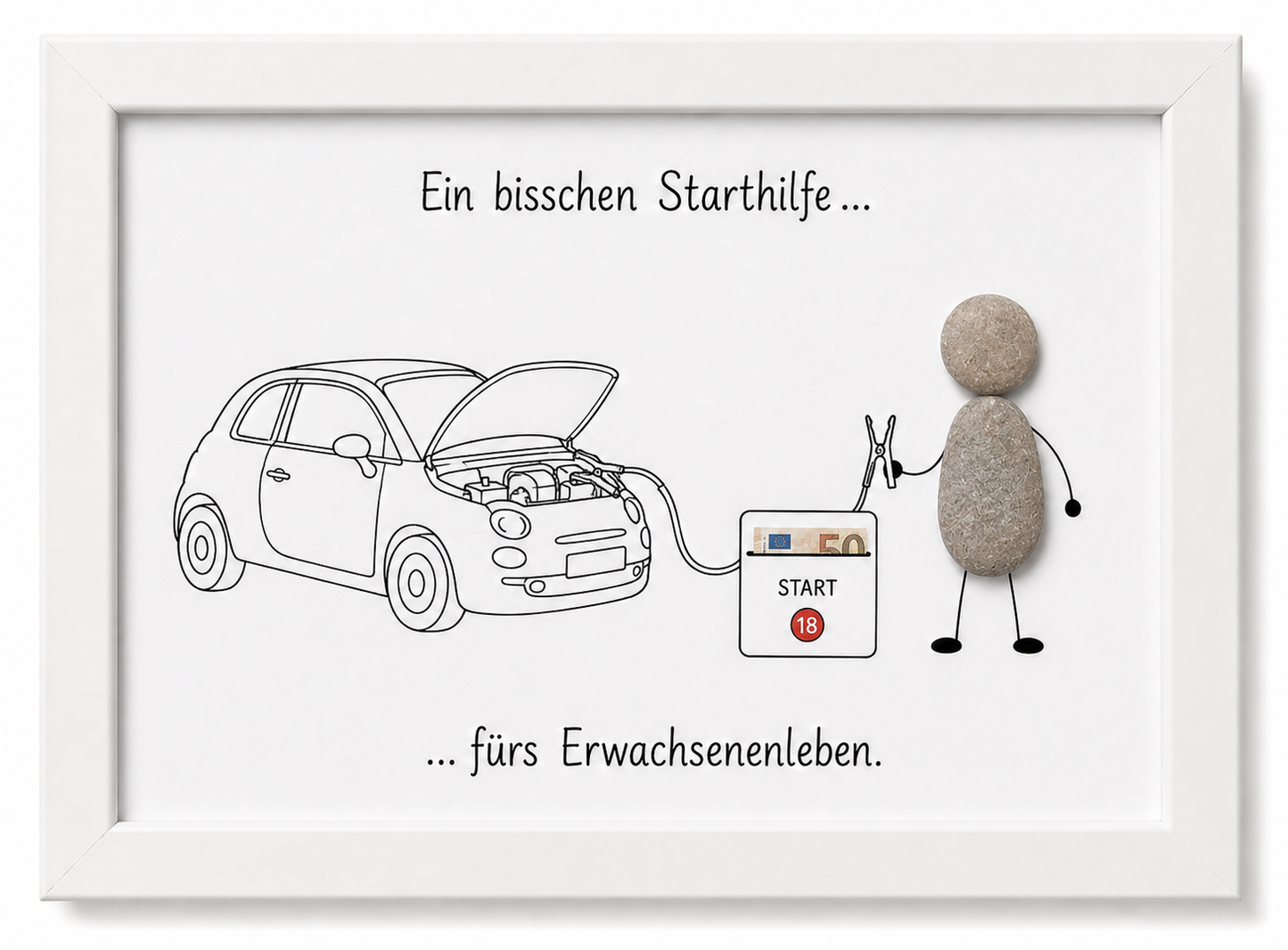 Kieselsteinbild Ein bisschen Starthilfe fürs Erwachsenenleben – Geldgeschenk 18. Geburtstag, handgemachtes Steinbild