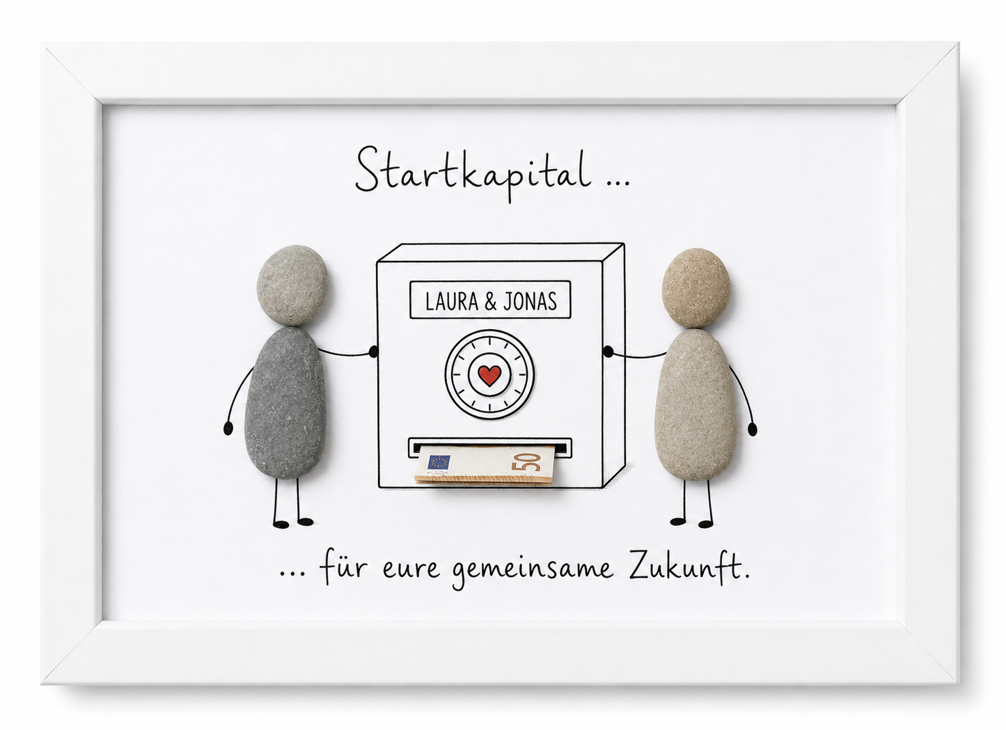 Kieselsteinbild Startkapital für eure gemeinsame Zukunft – Geldgeschenk Hochzeit personalisiert, handgemachtes Steinbild