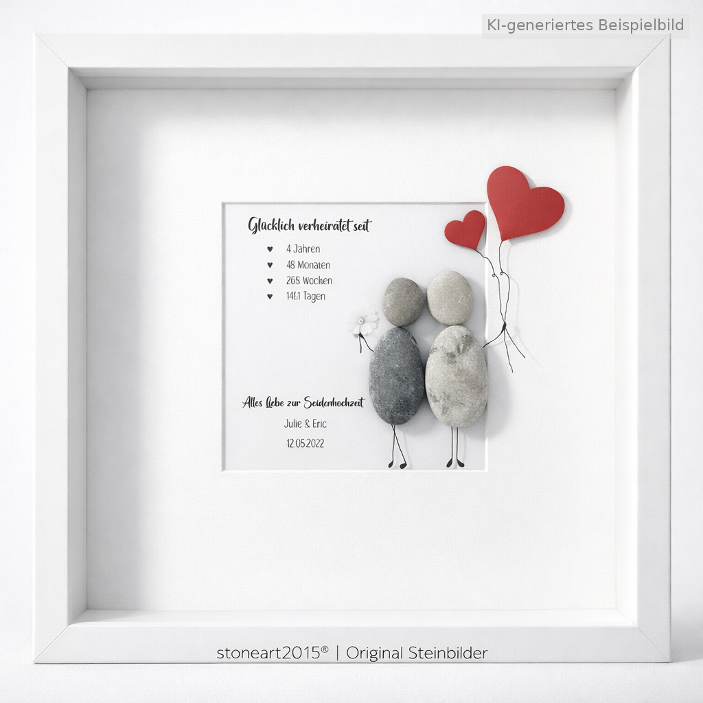 Kieselsteinbild Seidenhochzeit – Geschenk zum 4. Hochzeitstag, handgemachtes Steinbild