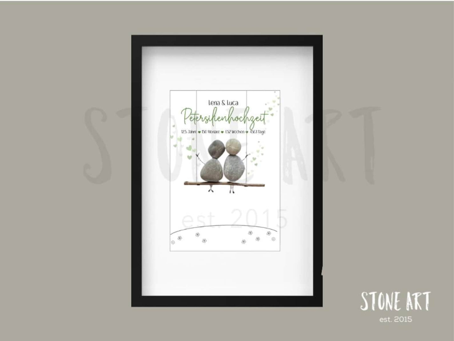 Handgefertigtes Steinbild mit Schaukel-Motiv und dem Spruch zur Petersilienhochzeit – Geschenkidee zum 12,5-jährigen Hochzeitstag.