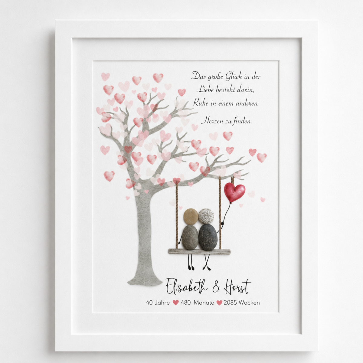 Kieselsteinbild Rubinhochzeit – Geschenk zum 40. Hochzeitstag, handgemachtes Steinbild