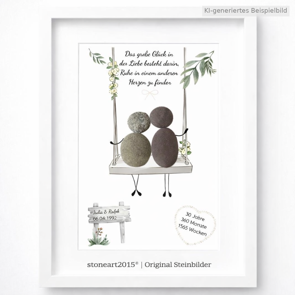 Kieselsteinbild Perlenhochzeit Schaukel – Geschenk zum 30. Hochzeitstag, handgemachtes Steinbild