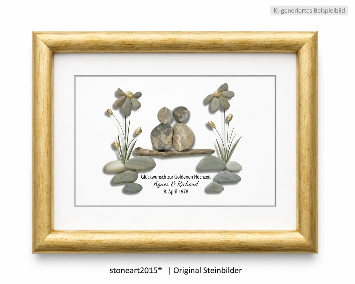 Kieselsteinbild Goldene Hochzeit Paar mit Blumen – Geschenk zum 50. Hochzeitstag, handgemachtes Steinbild