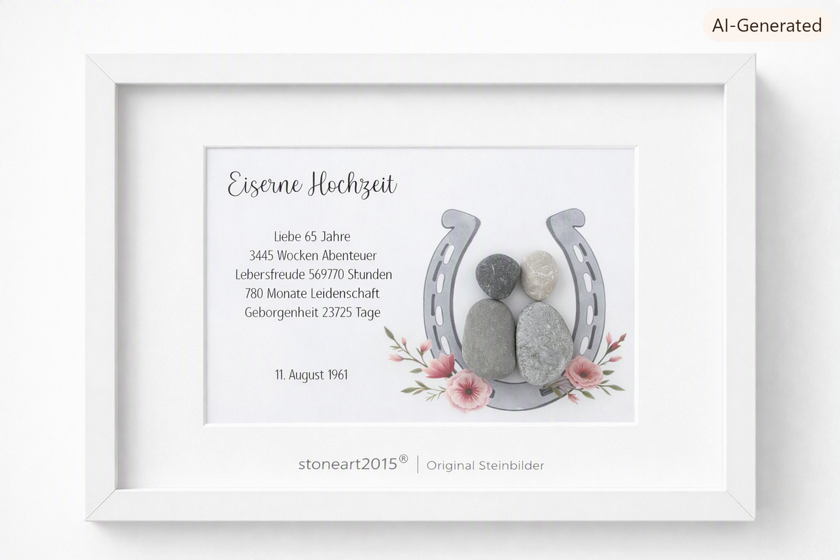 Kieselsteinbild Eiserne Hochzeit – Geschenk zum 65. Hochzeitstag, handgemachtes Steinbild