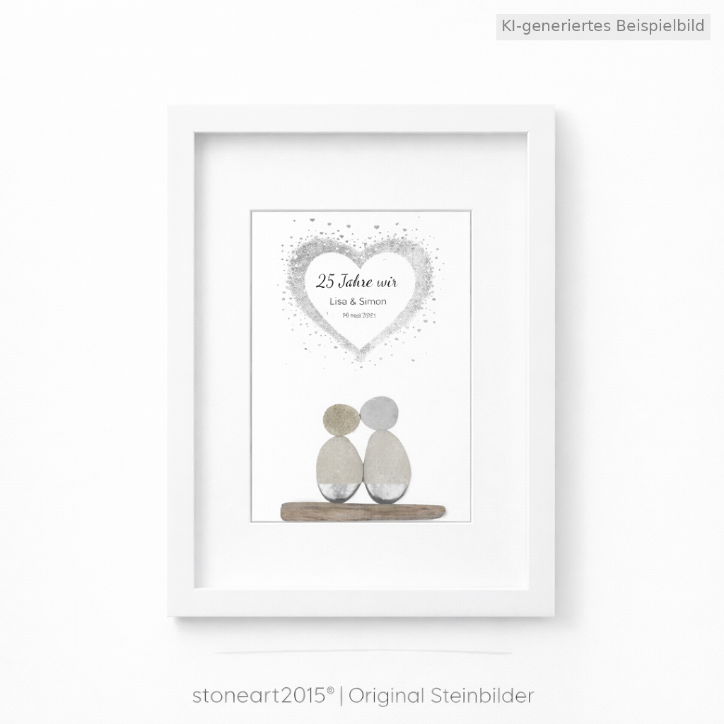 Kieselsteinbild Silberhochzeit – Geschenk zum 25. Hochzeitstag, handgemachtes Steinbild