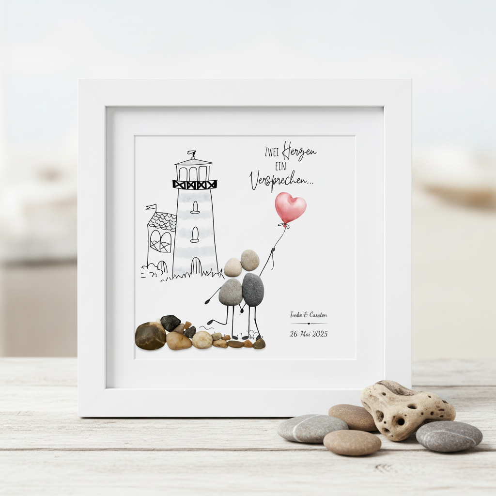 Handgemachtes Steinbild für Paare mit Leuchtturm und Herzballon, personalisiert mit Namen und Datum, besonderes Hochzeitsgeschenk