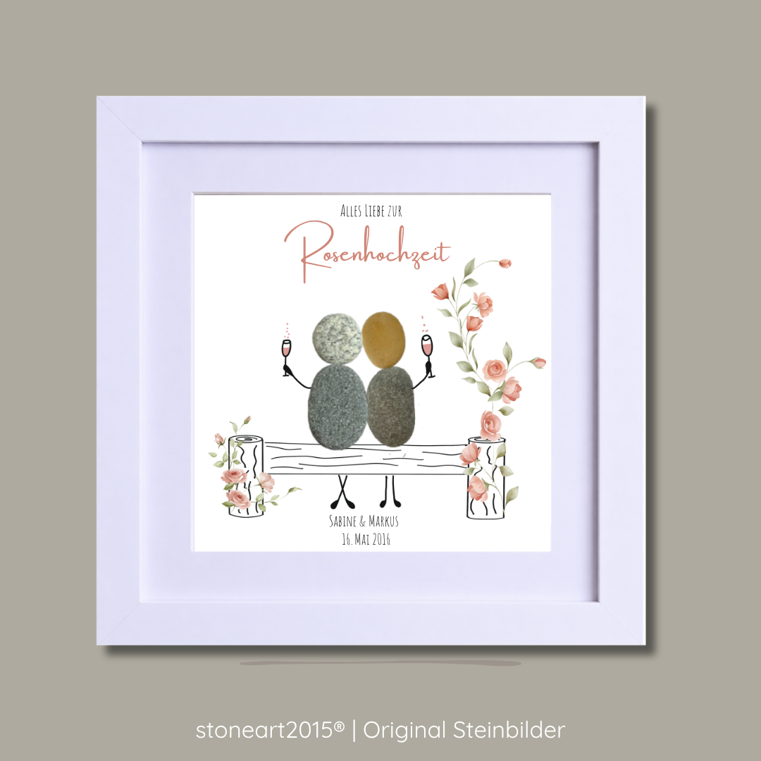 Steinbild Rosenhochzeit – 10 Jahre – Bank mit Ranke
