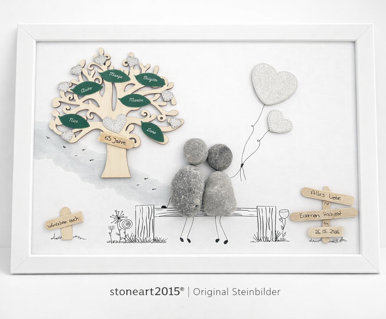 Handgemachtes Steinbild zur Eisernen Hochzeit. Personalisierbares Hochzeitsgeschenk zum 65. Hochzeitstag
