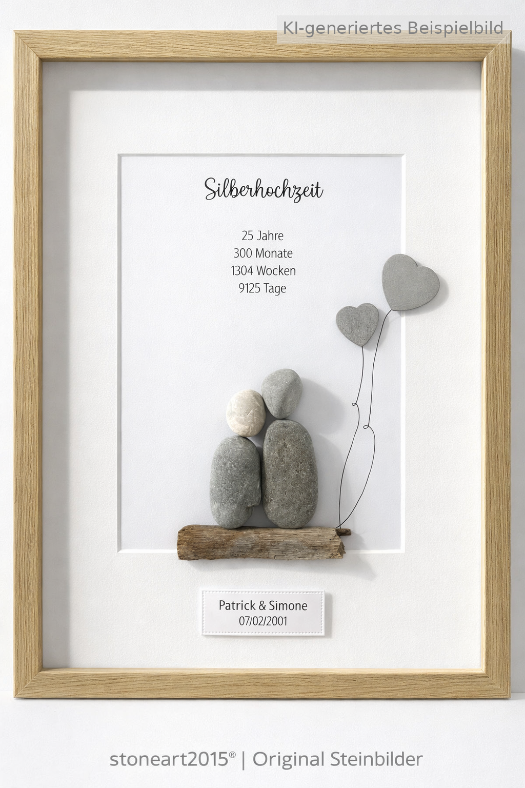 Kieselsteinbild Silberhochzeit Herzballons – Geschenk zum 25. Hochzeitstag, handgemachtes Steinbild