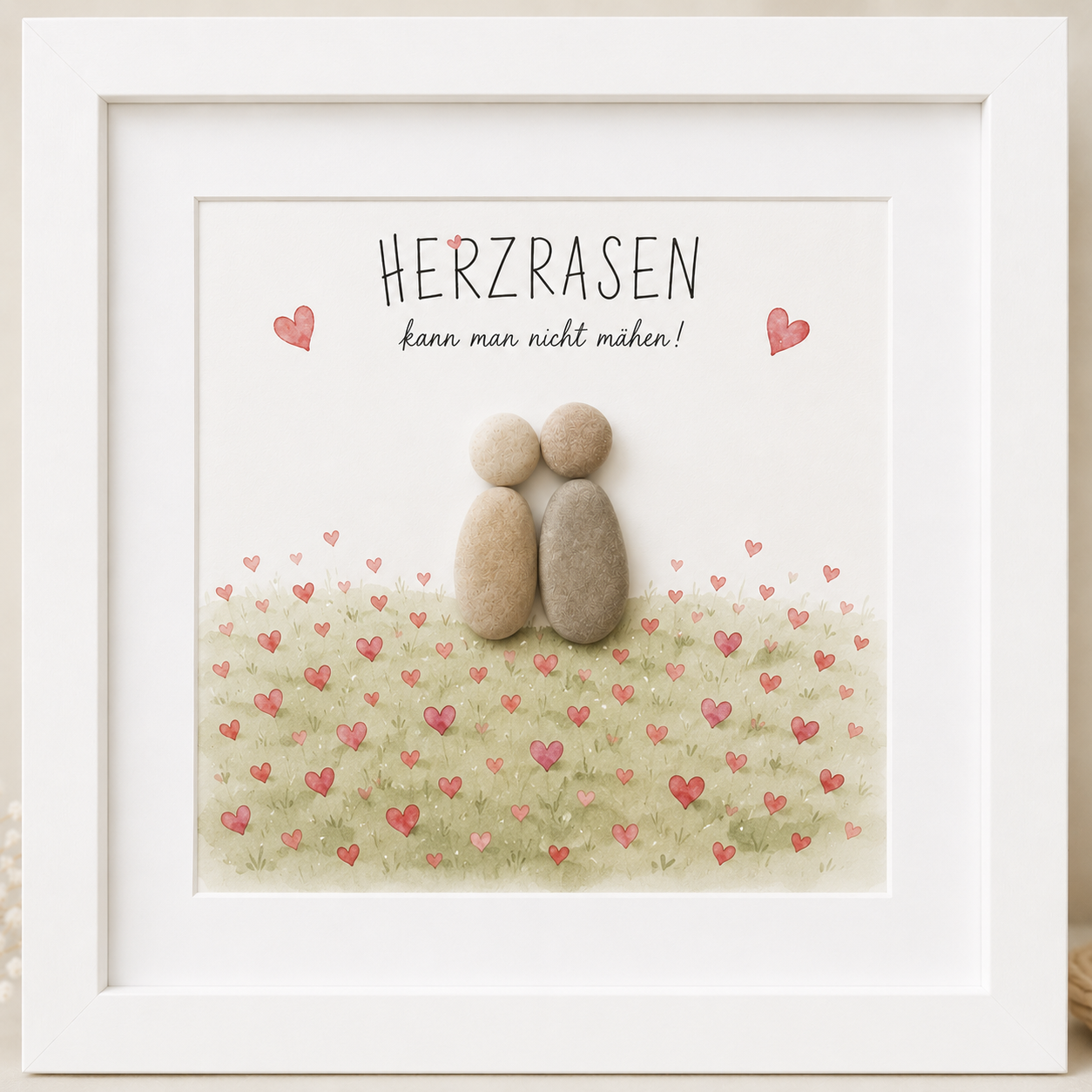 Kieselsteinbild Herzrasen kann man nicht mähen – Geschenk für Partner, handgemachtes Steinbild