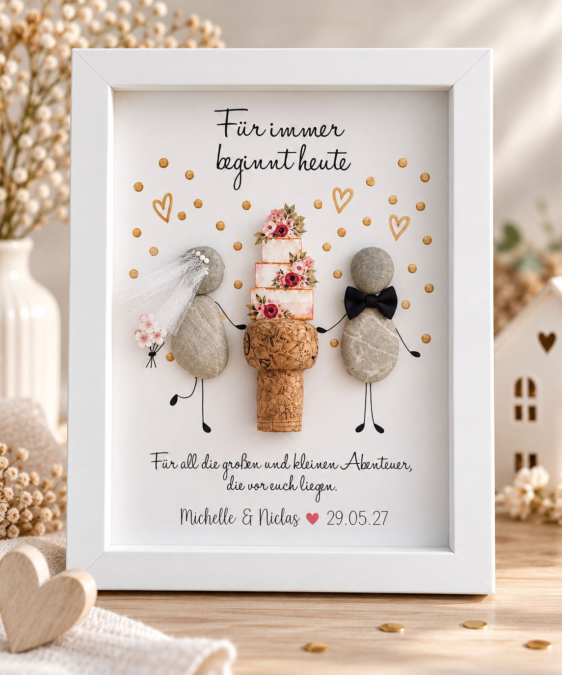 Kieselsteinbild Brautpaar-Steinfiguren mit Sektkorken und Hochzeitstorte, personalisierbar mit Namen und Datum „Für immer beginnt heute“ – personalisierbares Hochzeitsgeschenk, handgemachtes Steinbild