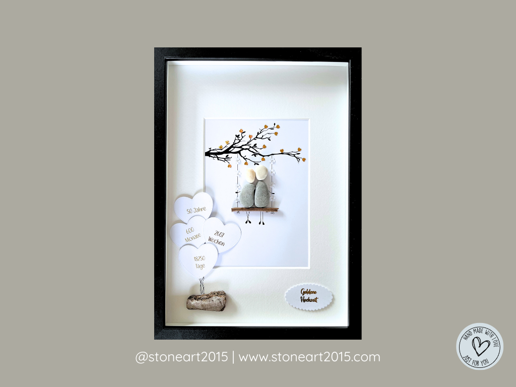 Handgemachtes Steinbild mit Schaukel – Geschenk zur Goldenen Hochzeit, 50. Hochzeitstag