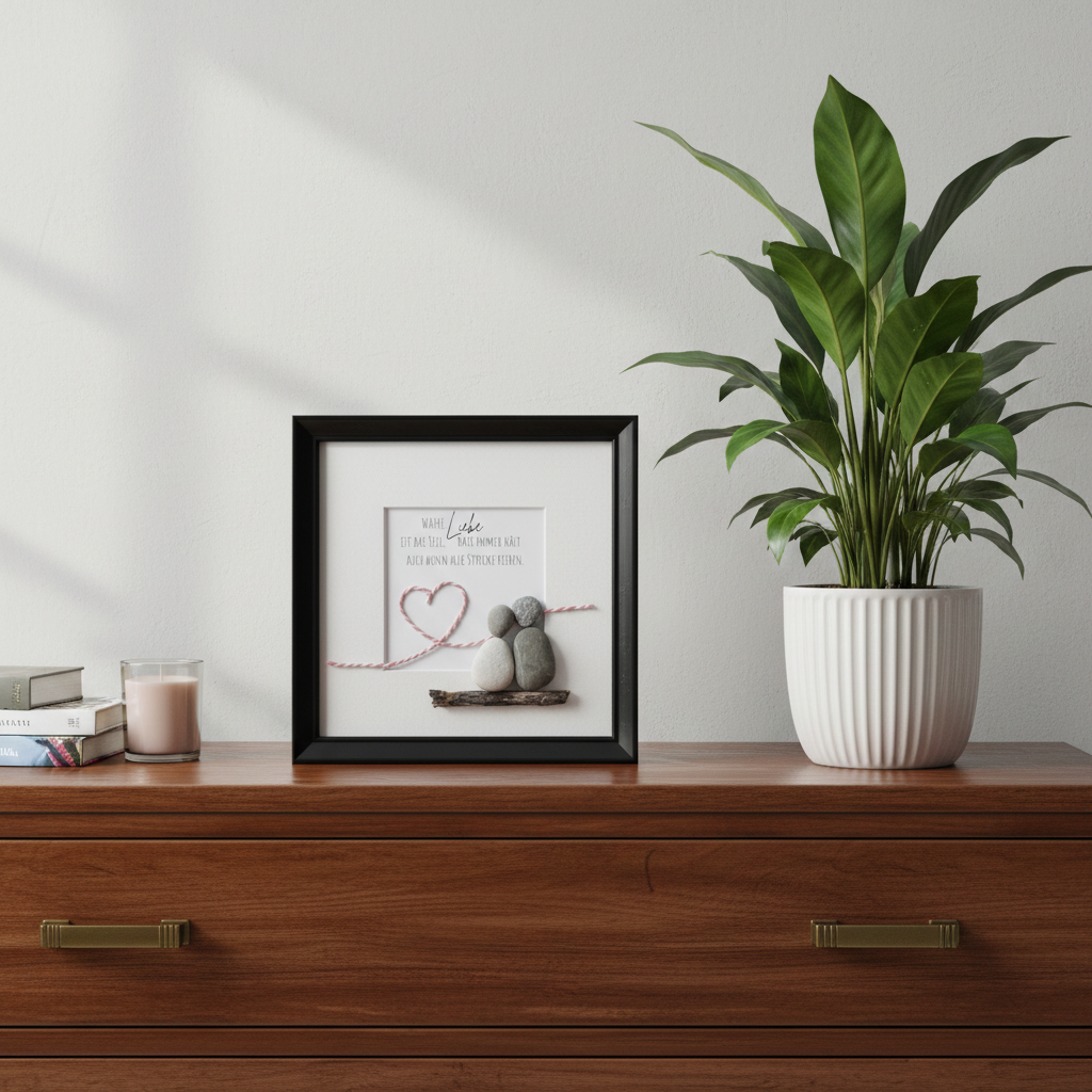 Steinbild Hochzeit gerahmt im Wohnzimmer – handgemachtes Hochzeitsgeschenk mit Spruch