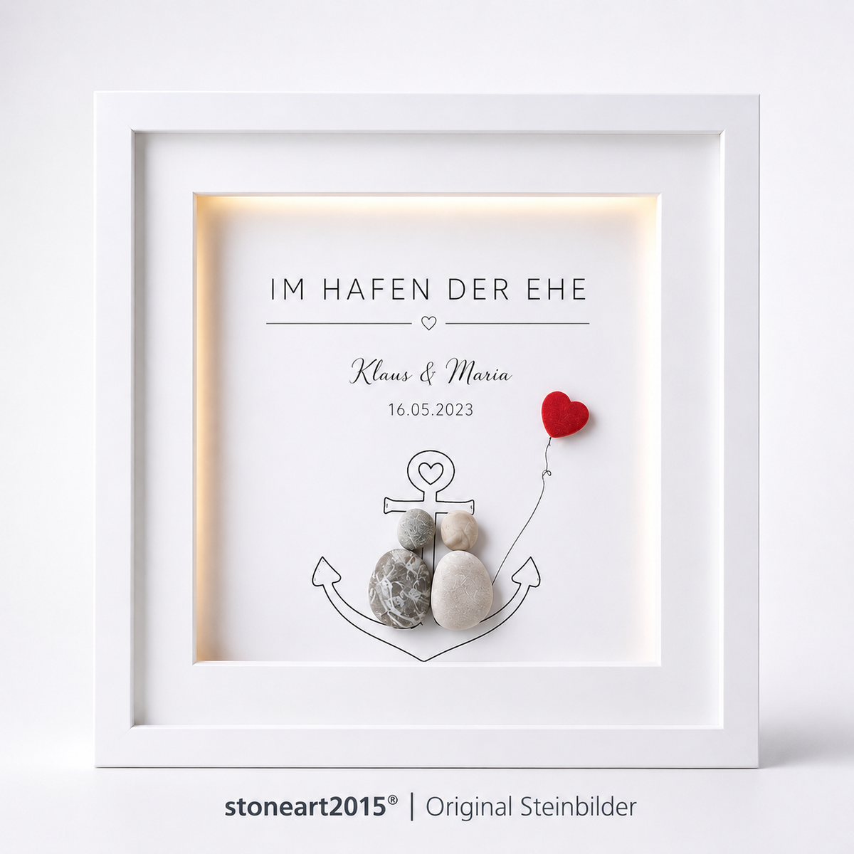 Kieselsteinbild Im Hafen der Ehe – Hochzeitsgeschenk, handgemachtes Steinbild