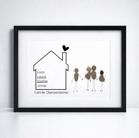 Kieselsteinbild Unser Zuhause, personalisiertes Familien-Einzugsgeschenk, handgemachtes Steinbild